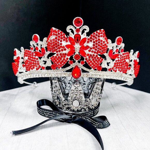 Vintage silver Crown, Red bow tiara, Classic wedding Crown, Crystal Crown Tiara - Picture 1 of 10
